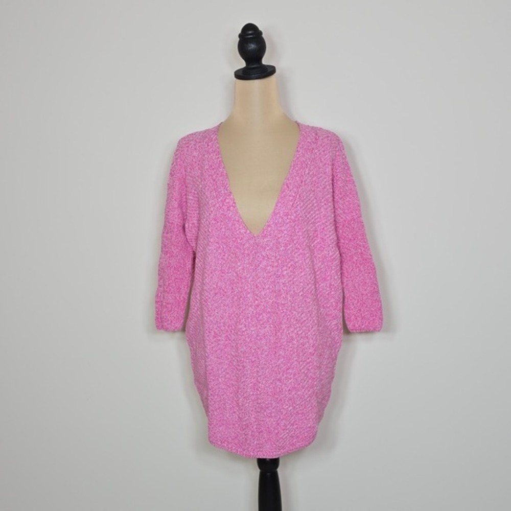 EXPRESS Pink Marled Deep V Neck Sweater Tunic Top 1/2 Sleeve‎ Women's Size M